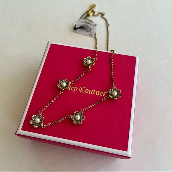 NWT NIB Juicy Couture Multi Flower Pearls Gold Tone Necklace Pave Rhinestones - Picture 3 of 4